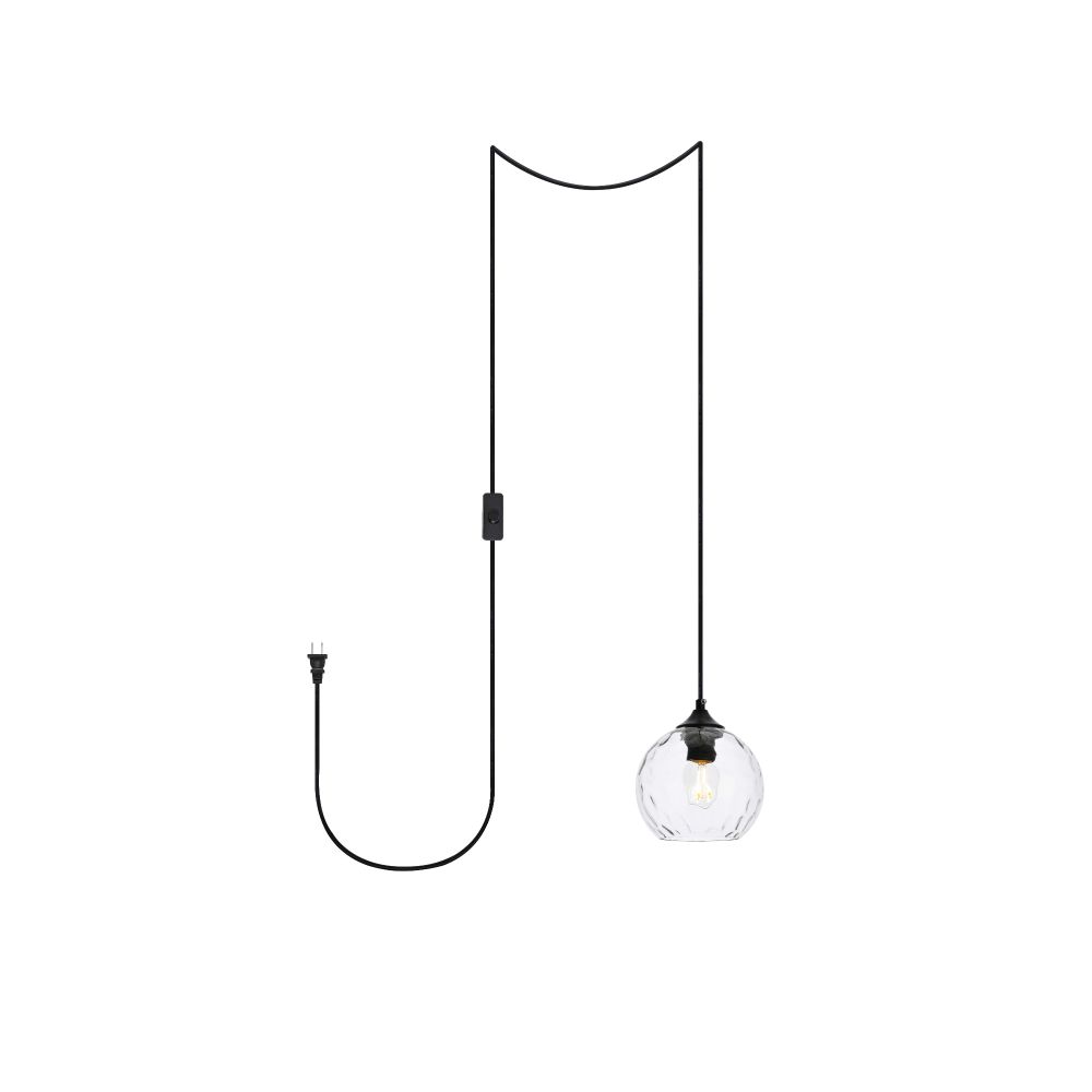 Living District by Elegant Lighting LDPG2280 Cashel 1 light Black and Clear glass plug-in pendant