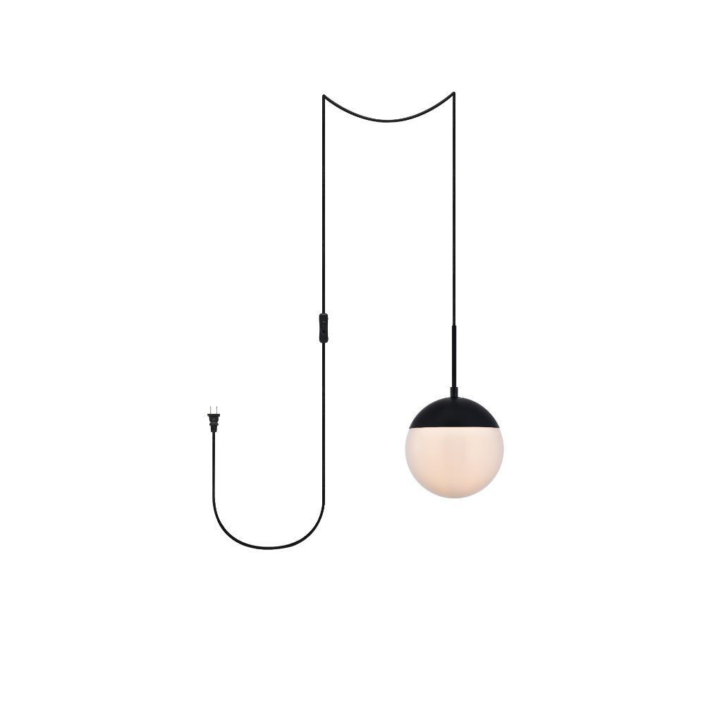 Living District by Elegant Lighting LDPG6026BK Eclipse 1 Light Black plug in pendant With Frosted White Glass