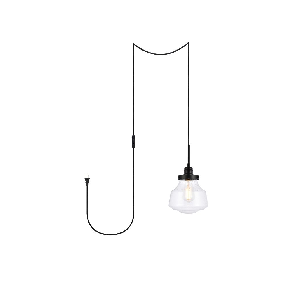 Living District by Elegant Lighting LDPG6252BK Lyle 1 light Black and Clear seeded glass plug in pendant