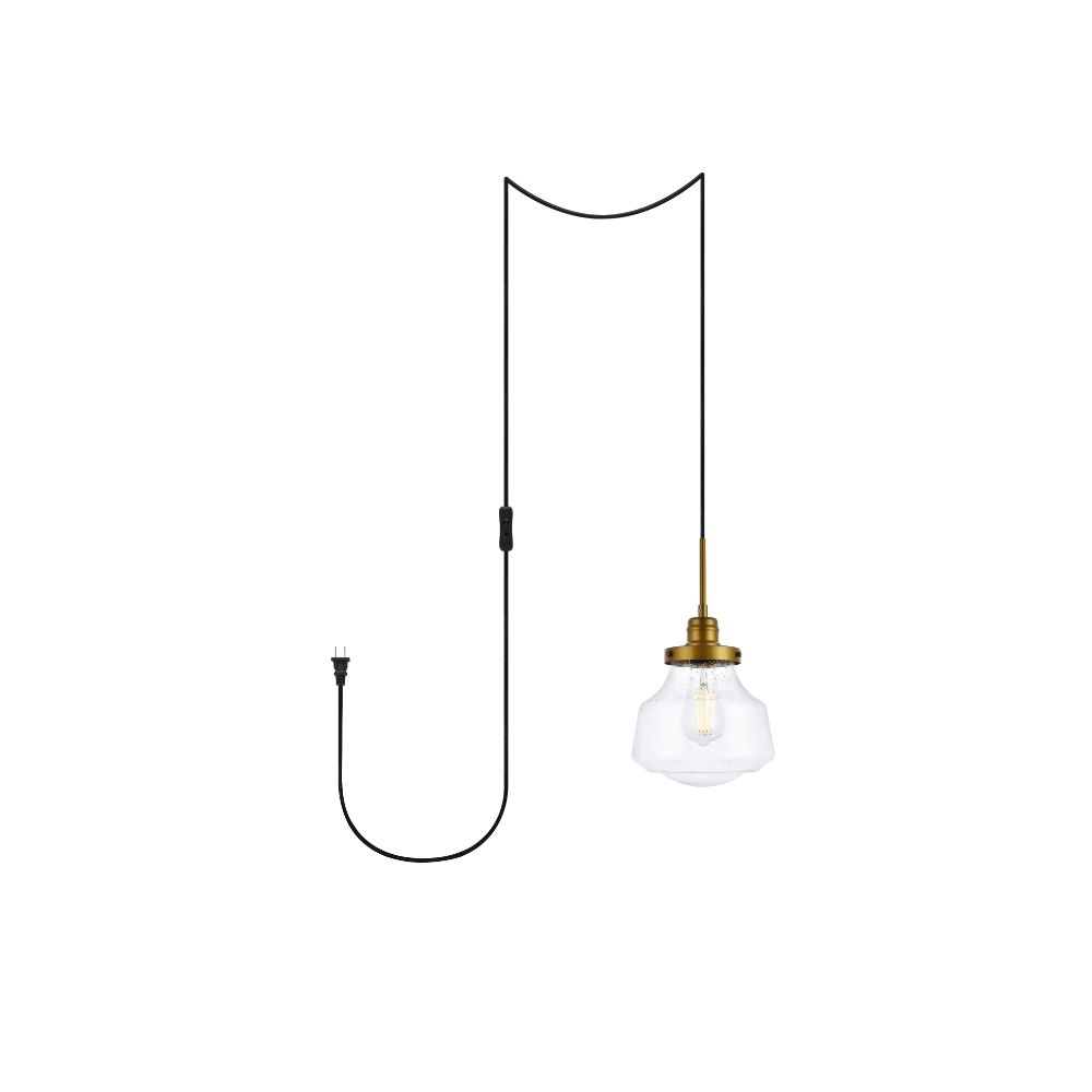 Living District by Elegant Lighting LDPG6254BR Lyle 1 light Brass and Clear seeded glass plug in pendant