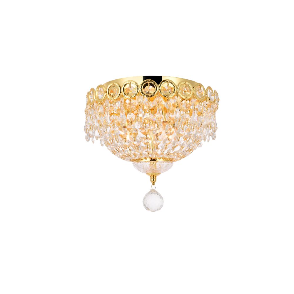 Elegant Lighting 1900F10G/RC Century 3 Light Flush Mount in Gold with Royal Cut Clear Crystal