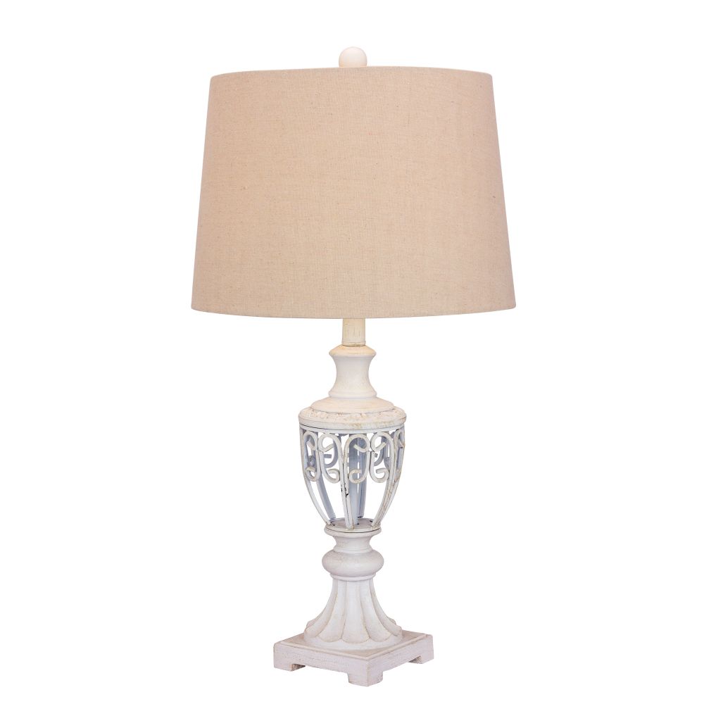 Fangio Lighting W-1609AWH 28 in. Antique White Open Urn Filigree Metal Table Lamp