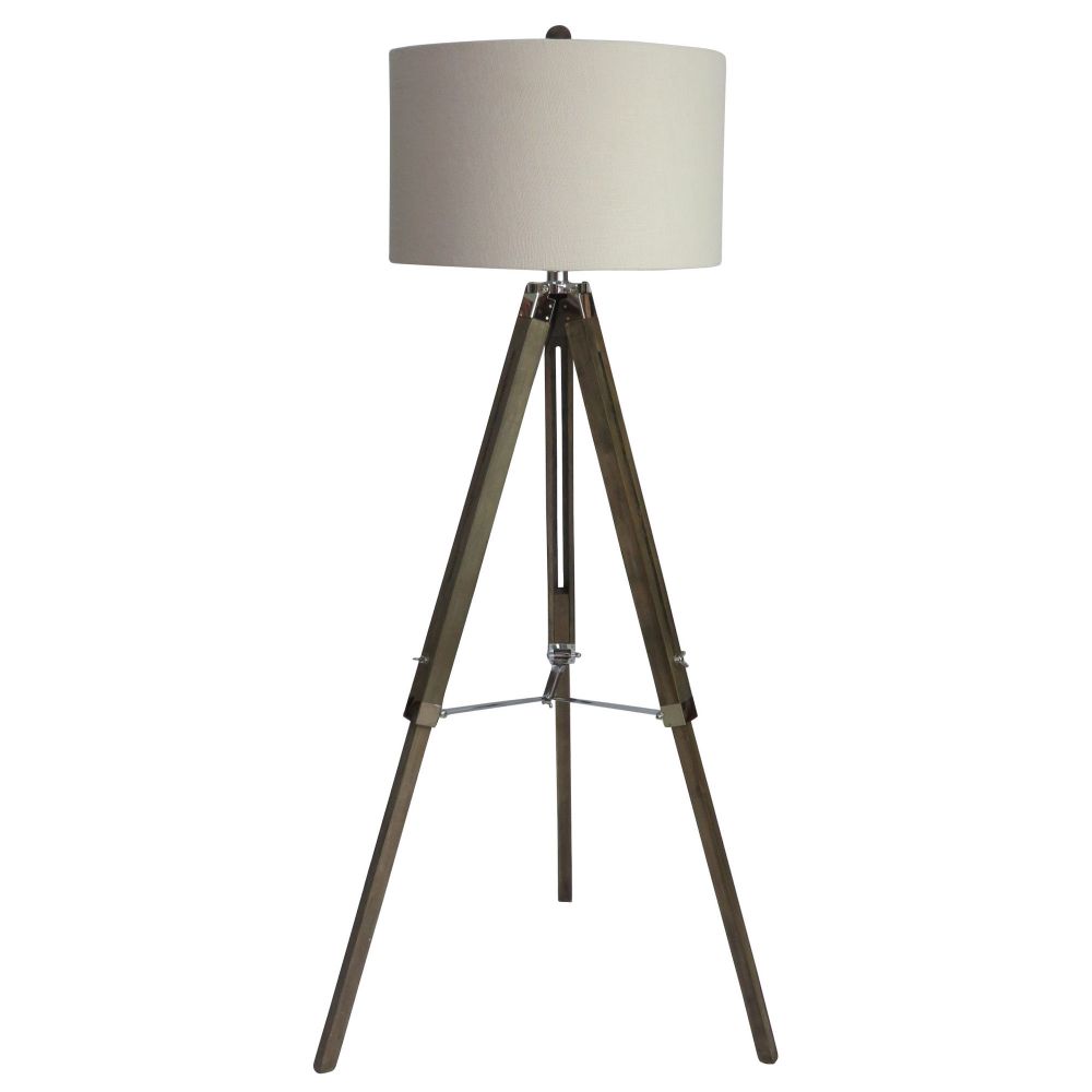 Fangio Lighting W-2026SIL 60 in. Classic Structured Tripod Floor Lamp in Weathered Grey Wood & Polished Nickel Metal