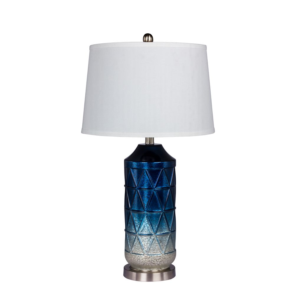 Fangio Lighting W-5147BLU 27.5 in. Diamond Patterned, Column Mercury Glass & Metal  Table Lamp in a White Mercury Glass with Frosted Mist Color Tint in Blue Finish