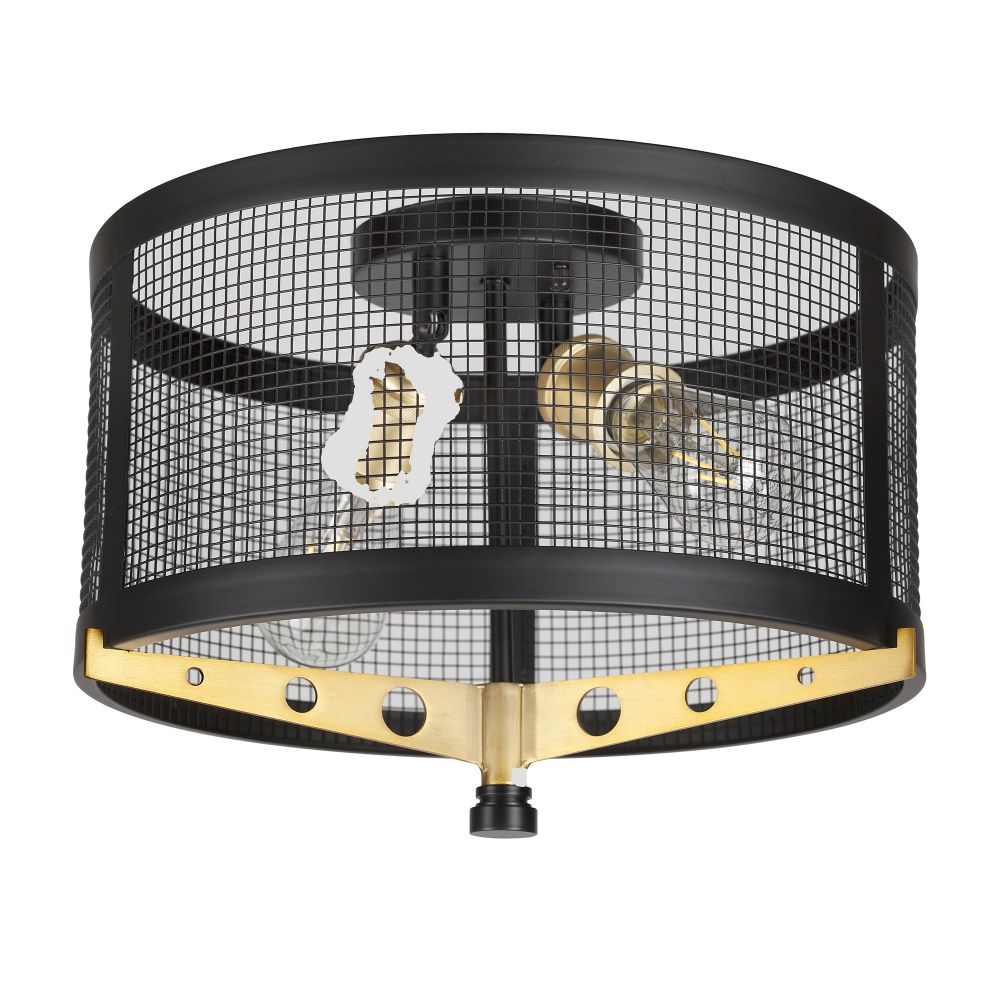 Forte Lighting 7119-02-62 2-Light Black and Soft Gold Wire Mesh Industrial Flush Mount with Metal Mesh Shade