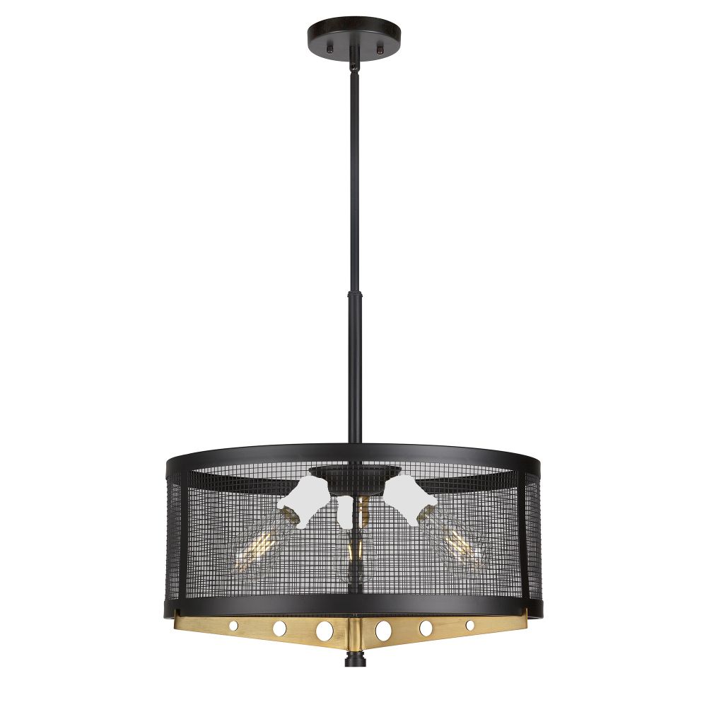 Forte Lighting 7119-03-62 3-Light Black and Soft Gold Wire Mesh Industrial Drum Pendant with Metal Mesh Shade