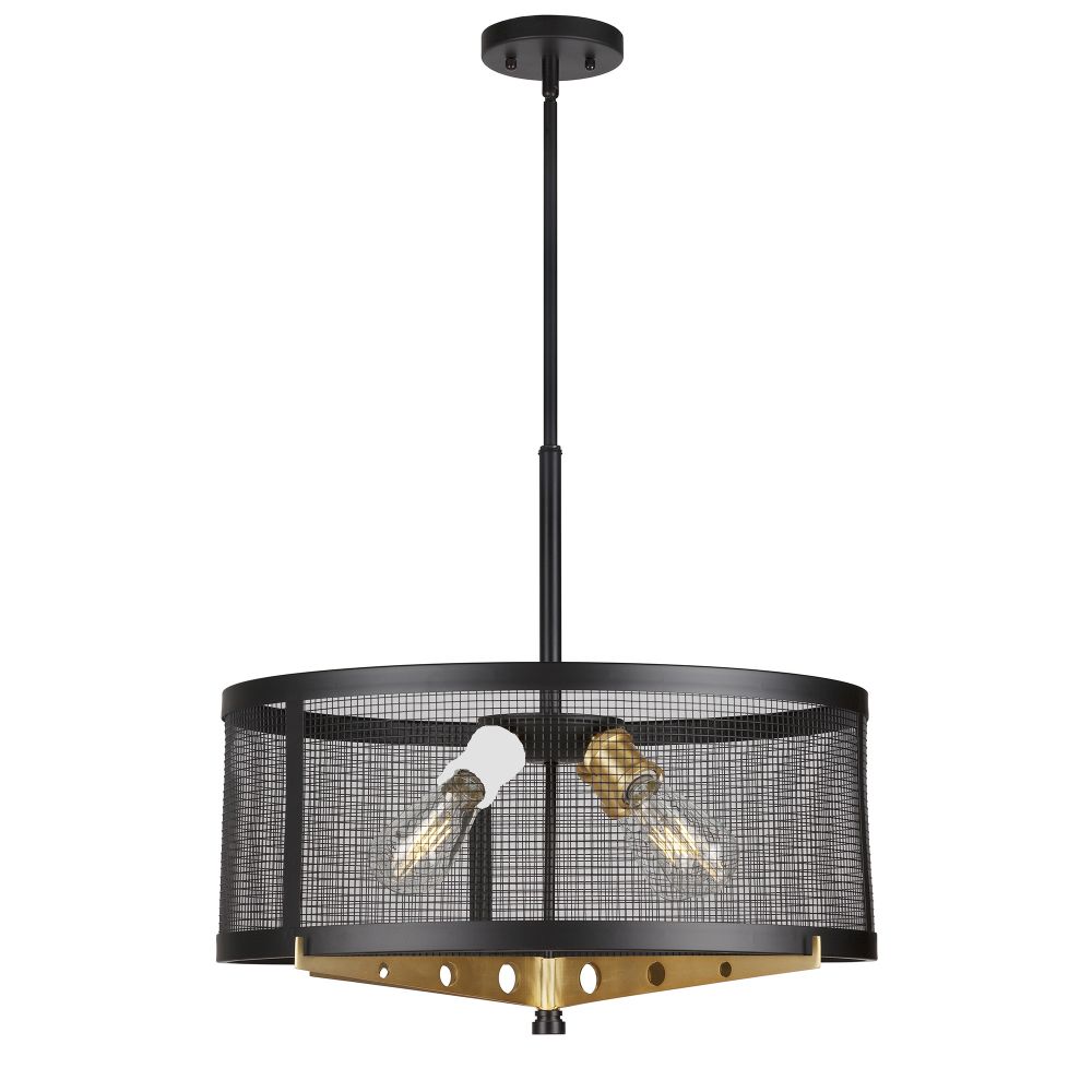 Forte Lighting 7119-04-62 4-Light Black and Soft Gold Wire Mesh Industrial Drum Pendant with Metal Mesh Shade