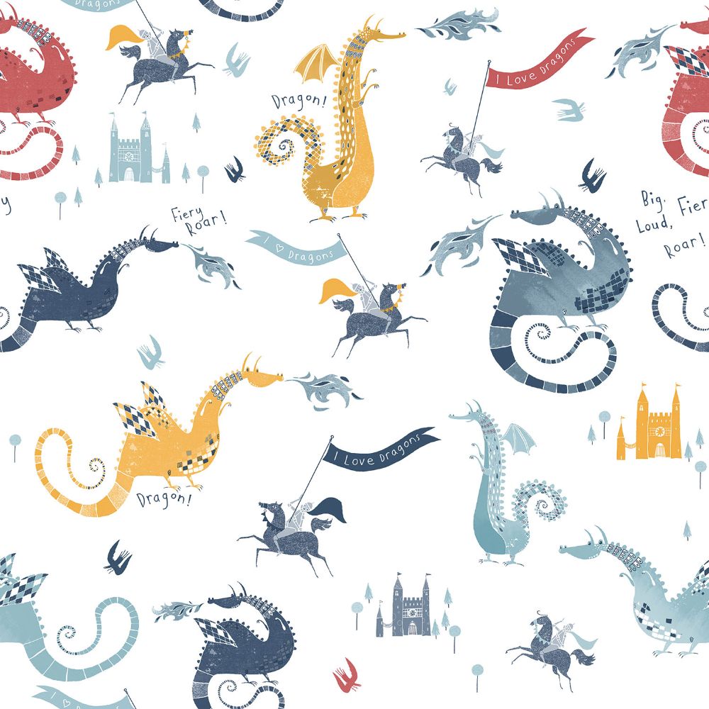 Galerie G78369 Dragons Wallpaper in Navy/Red/Yellow/Blue