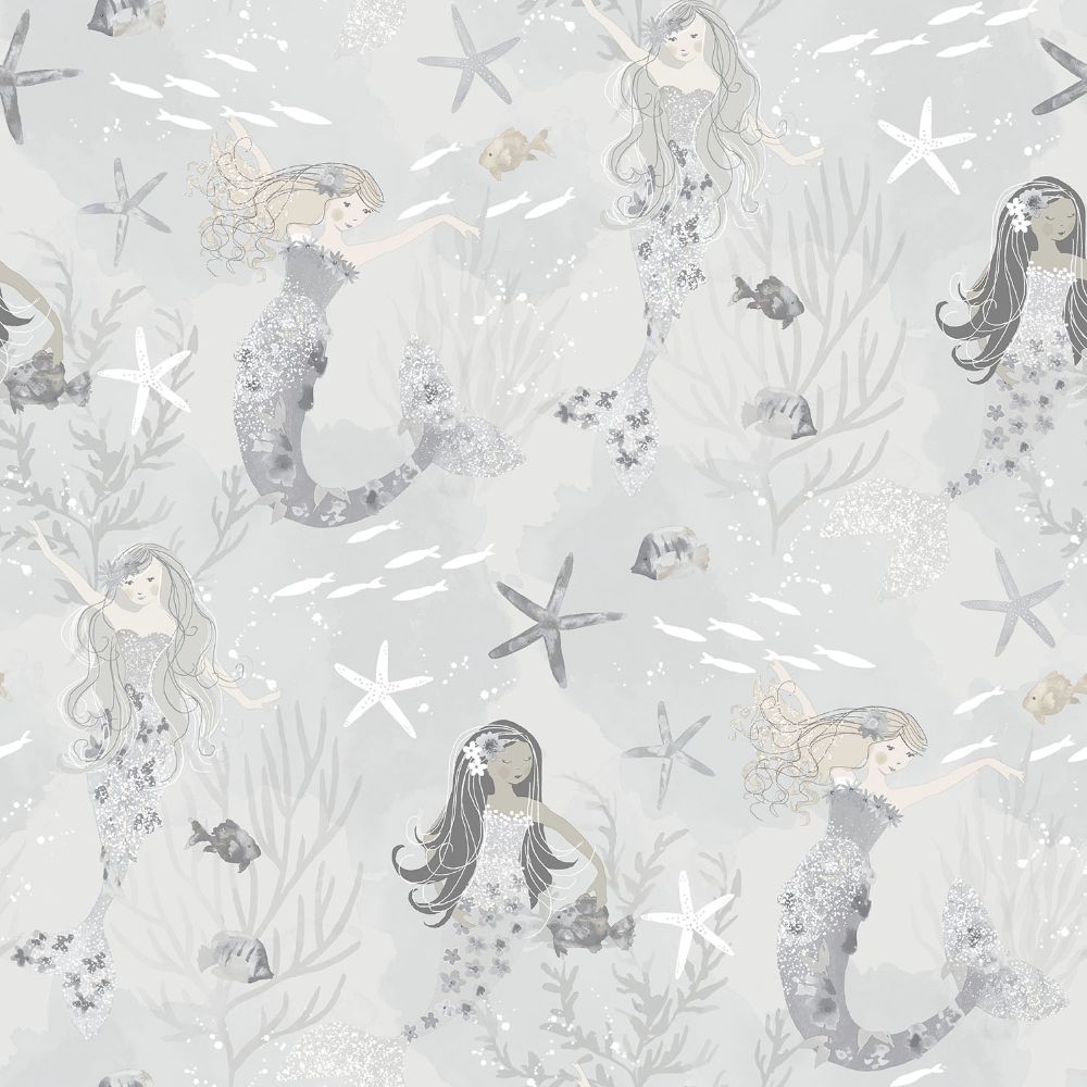 Galerie G78389 Mermaids Wallpaper in Grey/Silver/Glitter