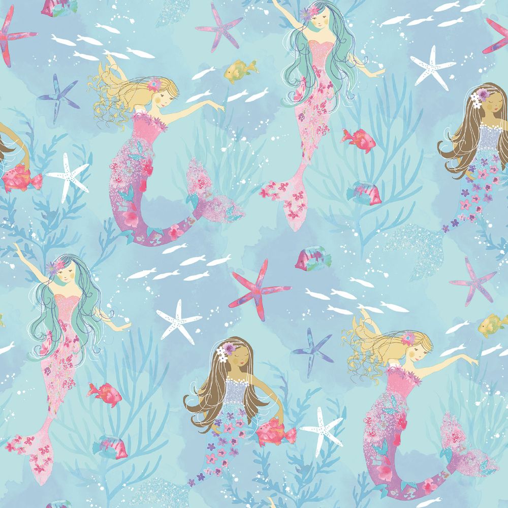 Galerie G78392 Mermaids Wallpaper in Turquoise/Hot Pink/Glitter