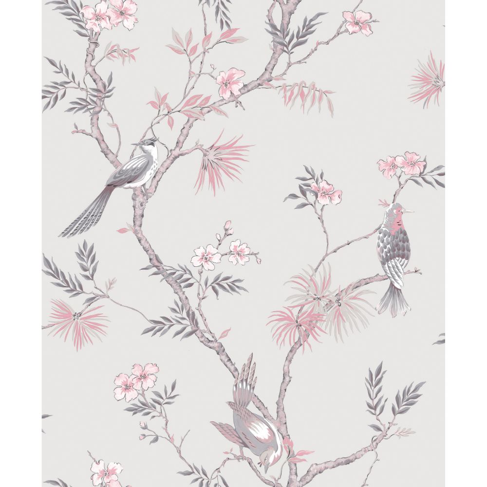 Galerie G78491 Classic Bird Trail Wallpaper in Grey Choke, Pink, Grey
