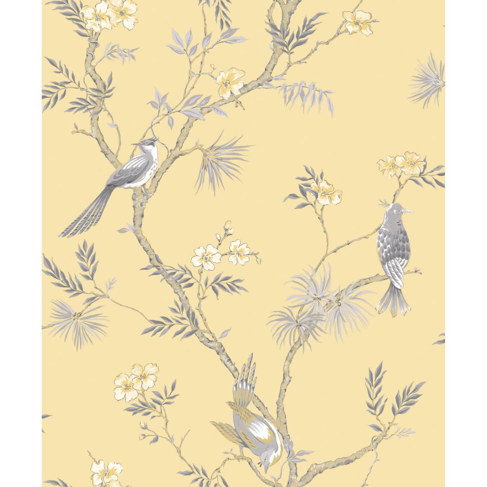 Galerie G78494 Classic Bird Trail Wallpaper in Yellow Choke, Greys