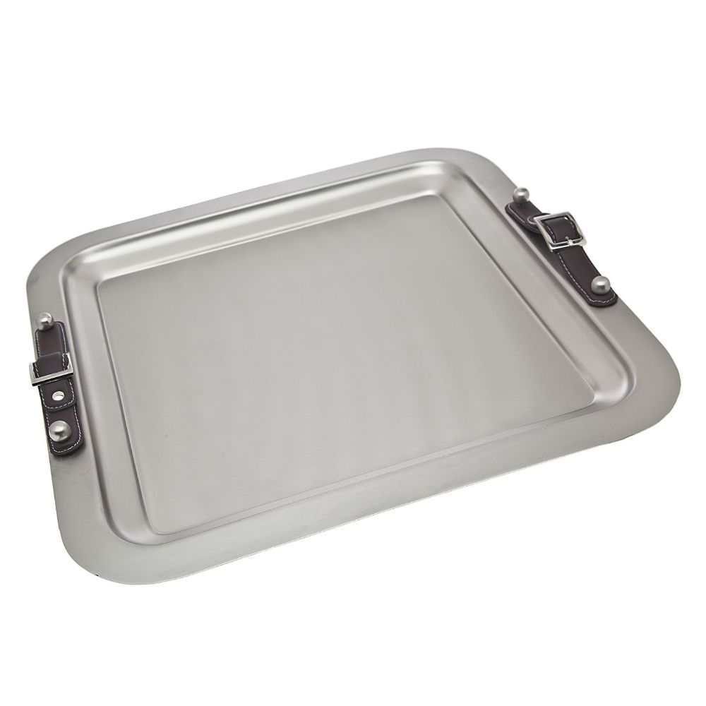 Godinger Square Tray Leather Handles in Silver