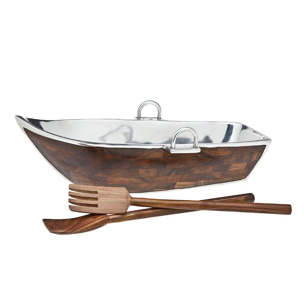 Godinger Wood Lined Boat Bowl with Salad Server in Silver