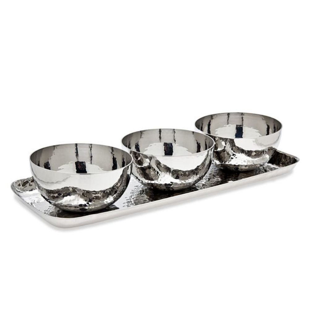 Godinger Hammered Tray & 3 Round Bowls in Silver
