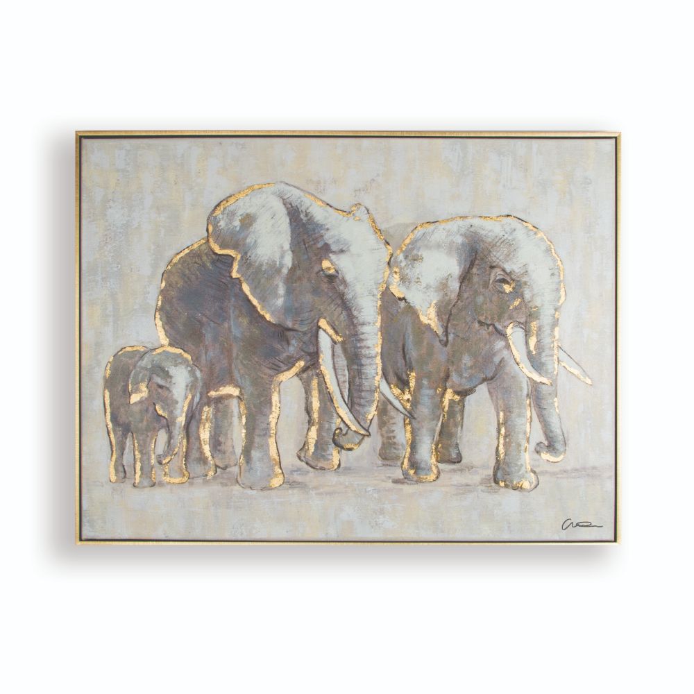 Art For The Home 102415 Metallic Elephant Family Handpainted Framed Canvas Wall Art