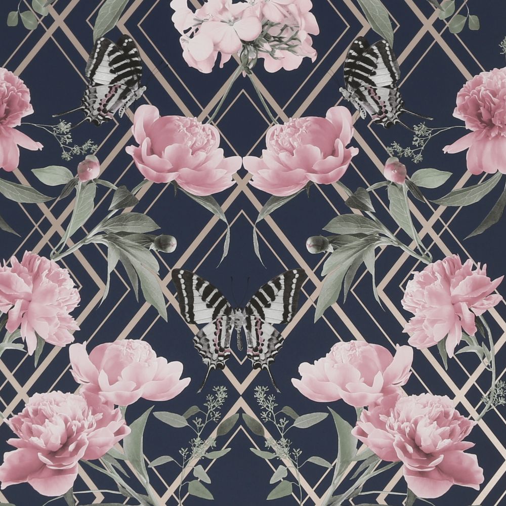 Sublime 113482 Botanical Trellis Navy and Pink Removable Wallpaper