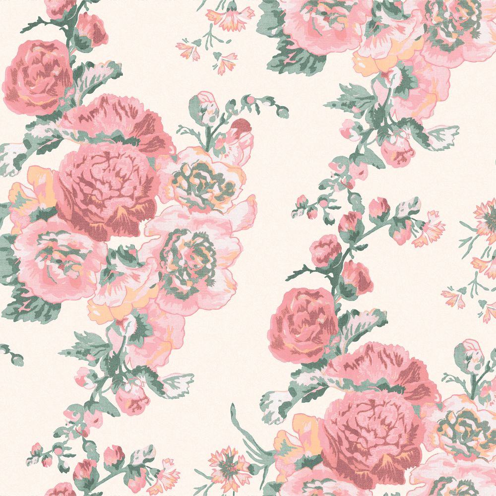 Laura Ashley 118479 Hollyhocks Coral Pink Wallpaper
