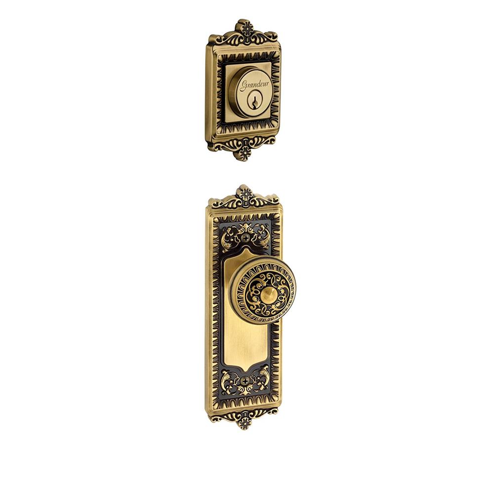 Grandeur by Nostalgic Warehouse Single Cylinder Combo Pack Keyed Differently - Windsor Plate with Windsor Knob and Matching Deadbolt in Vintage Brass