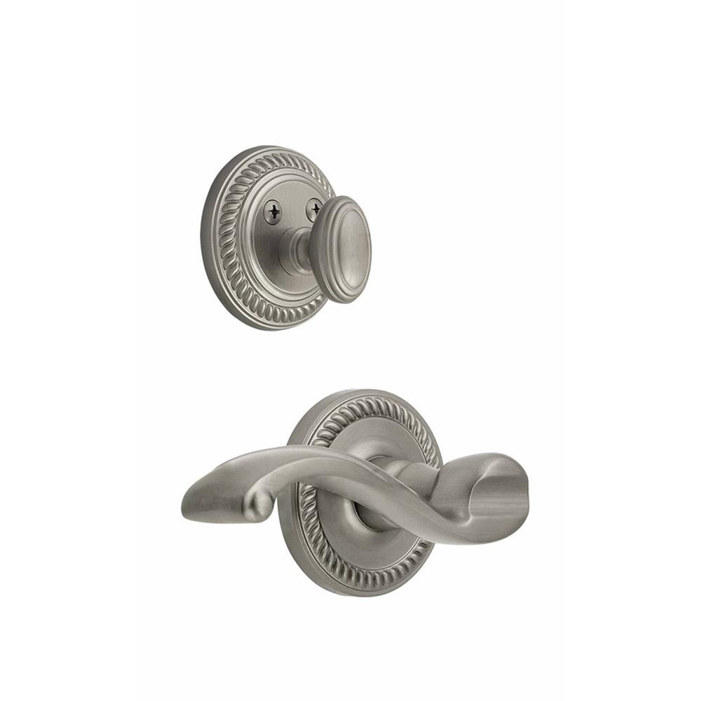 Grandeur by Nostalgic Warehouse Single Cylinder Combo Pack Keyed Differently Right Handed - Newport Rosette with Portofino Lever and Matching Deadbolt in Satin Nickel