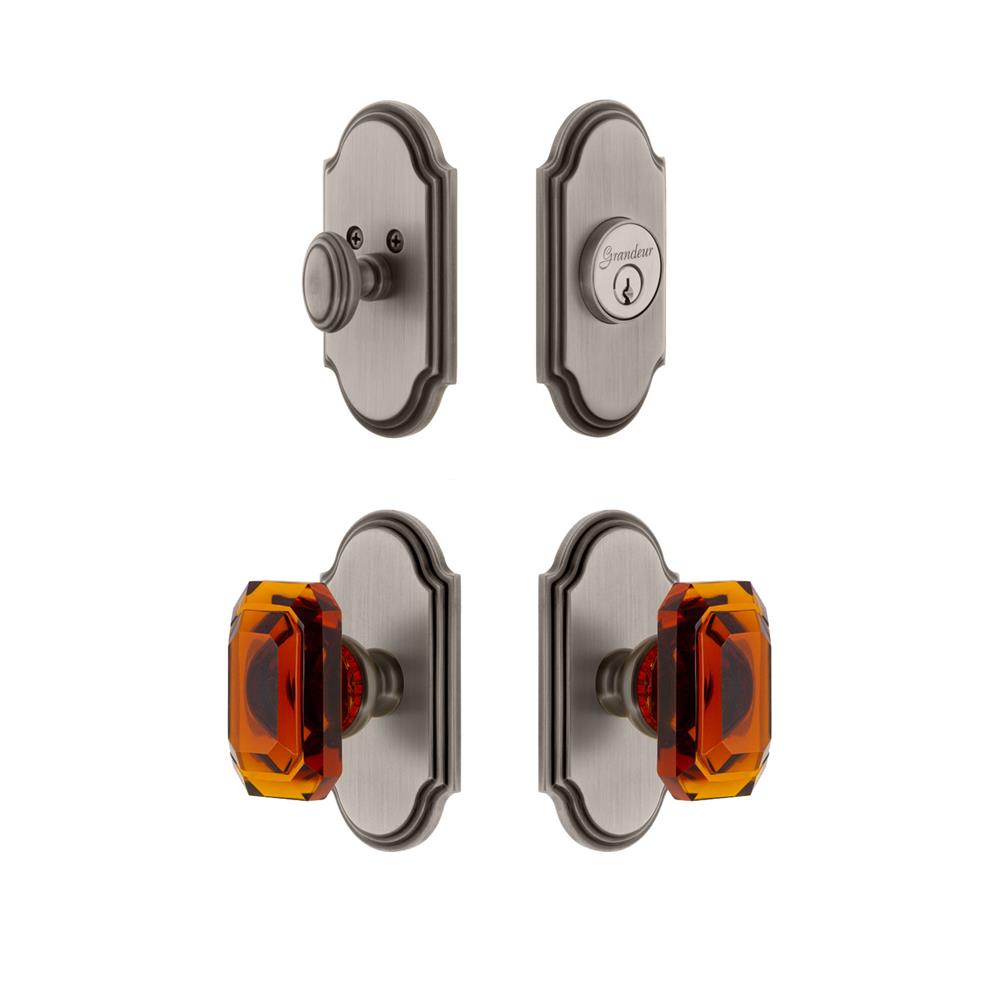 Grandeur by Nostalgic Warehouse ARCBCA Arc Plate with Amber Baguette Crystal Knob and matching Deadbolt in Antique Pewter