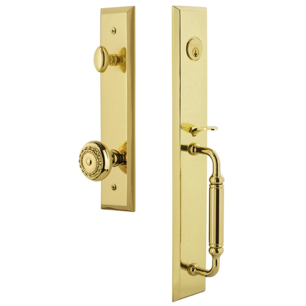 842762 Grandeur by Nostalgic Warehouse FAVCGRPAR Fifth Avenue One-Piece  Handleset with C Grip and Parthenon Knob in Lifetime Brass GoingKnobs