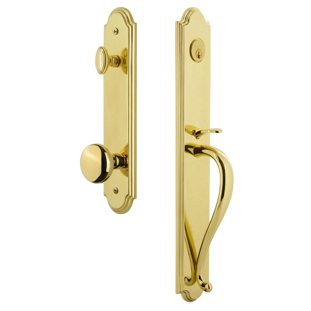 843974 Grandeur by Nostalgic Warehouse ARCSGRFAV Arc One-Piece Handleset  with S Grip and Fifth Avenue Knob in Lifetime Brass GoingKnobs