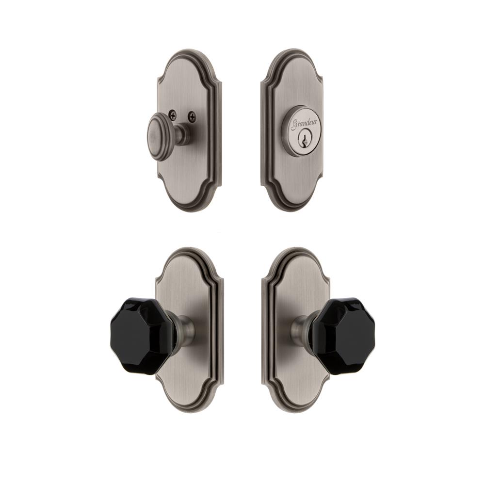 Grandeur by Nostalgic Warehouse ARCLYO Arc Plate with Lyon Knob and matching Deadbolt in Antique Pewter