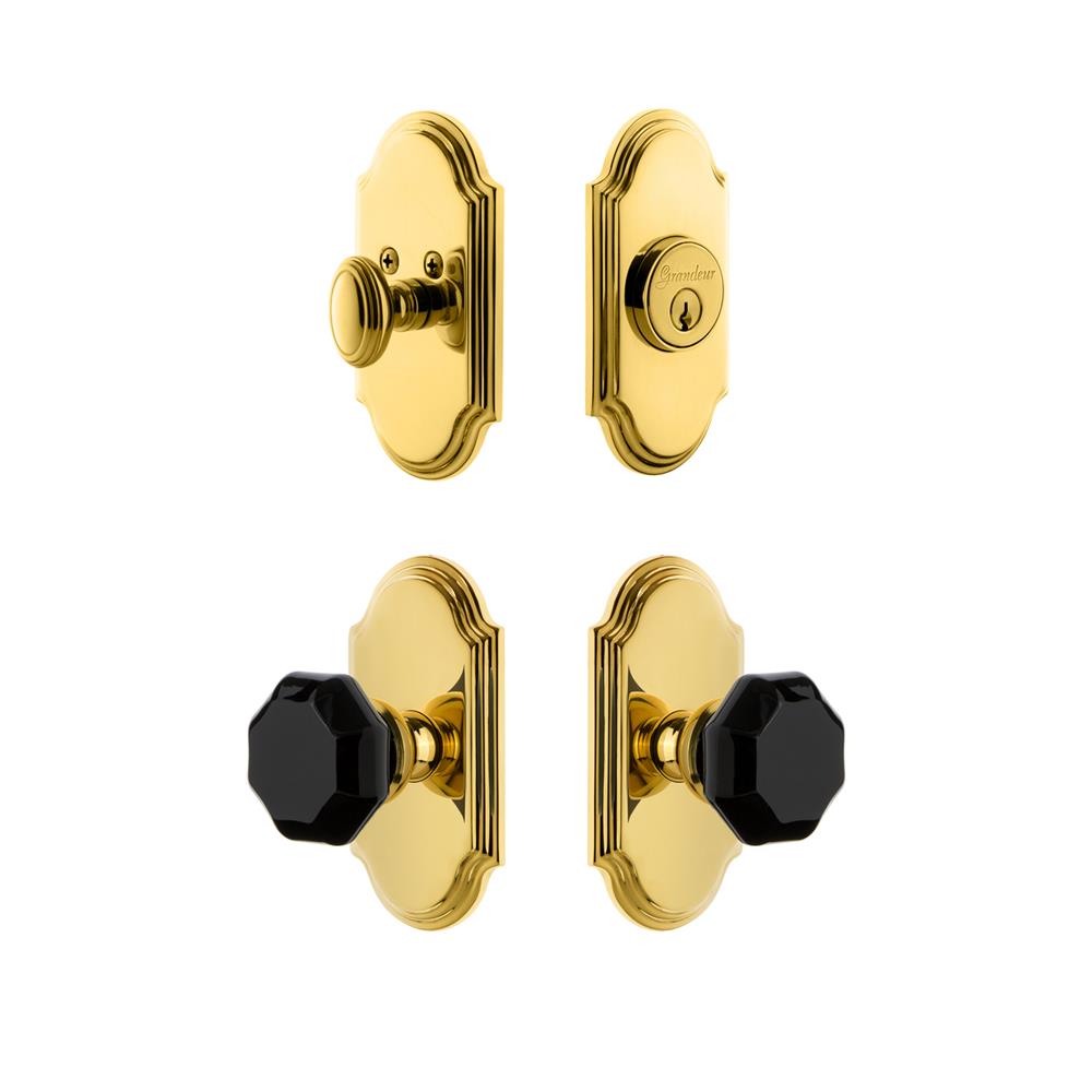 Grandeur by Nostalgic Warehouse ARCLYO Arc Plate with Lyon Knob and matching Deadbolt in Lifetime Brass