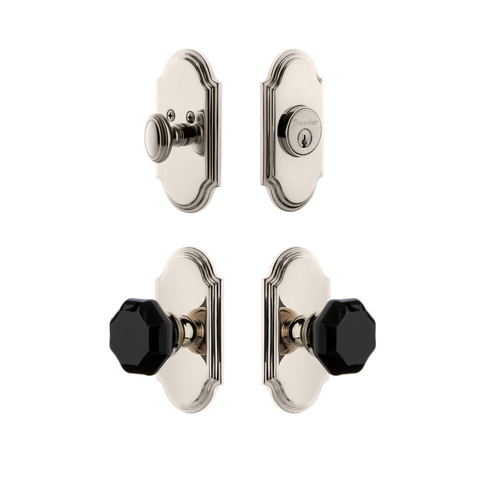 Grandeur by Nostalgic Warehouse ARCLYO Arc Plate with Lyon Knob and matching Deadbolt in Polished Nickel