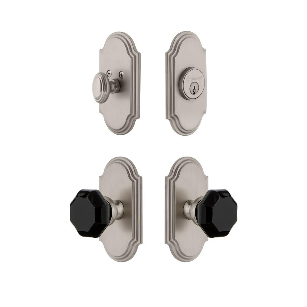 Grandeur by Nostalgic Warehouse ARCLYO Arc Plate with Lyon Knob and matching Deadbolt in Satin Nickel