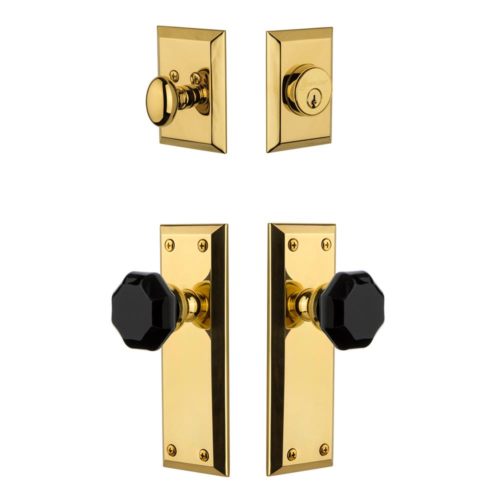 Grandeur by Nostalgic Warehouse FAVLYO Fifth Avenue Plate with Lyon Knob and matching Deadbolt in Lifetime Brass