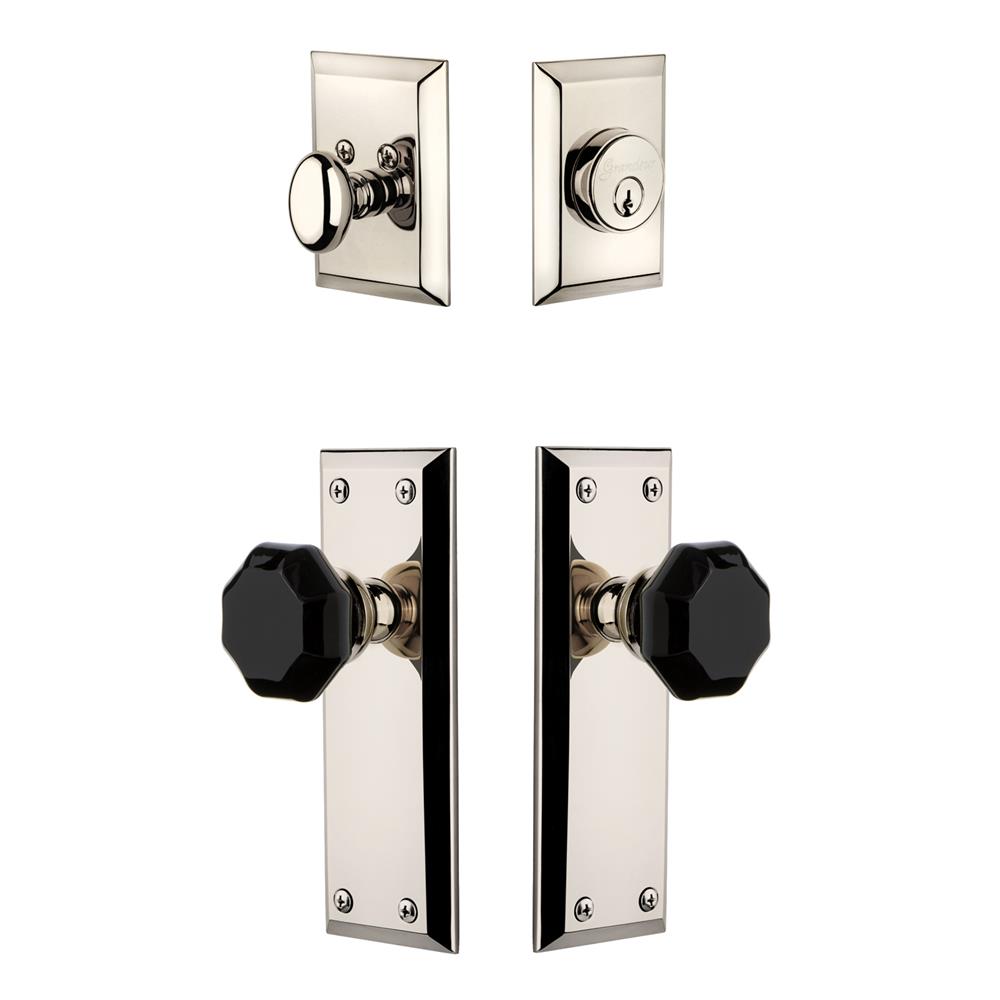 Grandeur by Nostalgic Warehouse FAVLYO Fifth Avenue Plate with Lyon Knob and matching Deadbolt in Polished Nickel