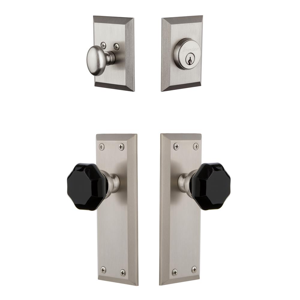 Grandeur by Nostalgic Warehouse FAVLYO Fifth Avenue Plate with Lyon Knob and matching Deadbolt in Satin Nickel