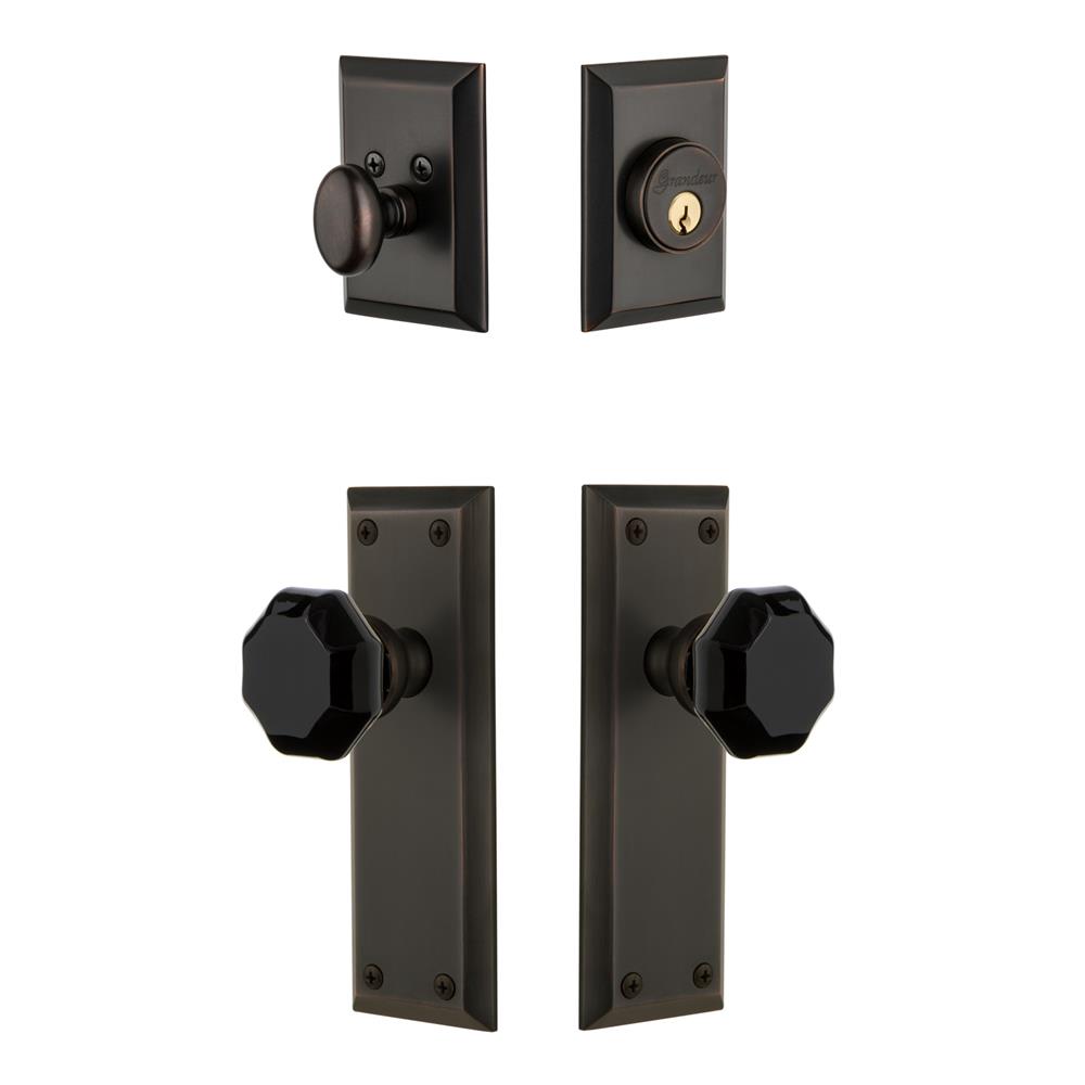 Grandeur by Nostalgic Warehouse FAVLYO Fifth Avenue Plate with Lyon Knob and matching Deadbolt in Timeless Bronze