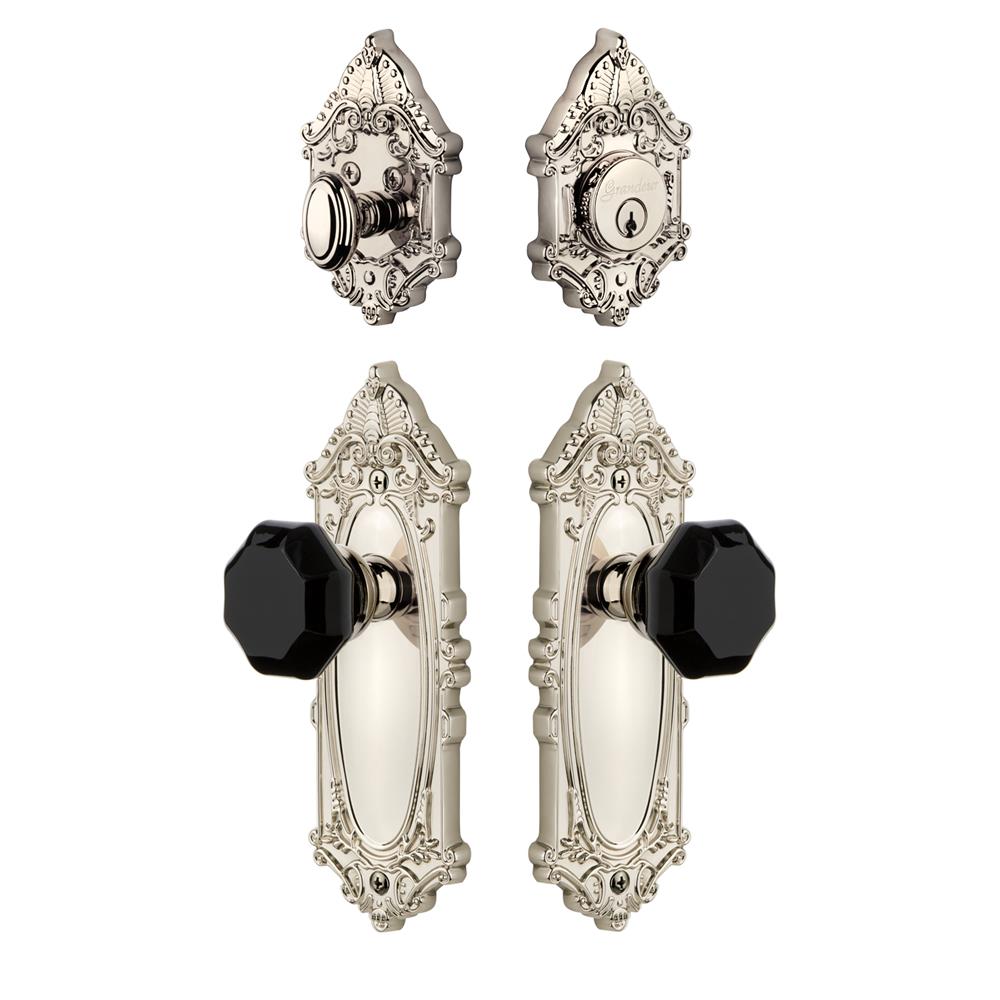 Grandeur by Nostalgic Warehouse GVCLYO Grande Victorian Plate with Lyon Knob and matching Deadbolt in Polished Nickel