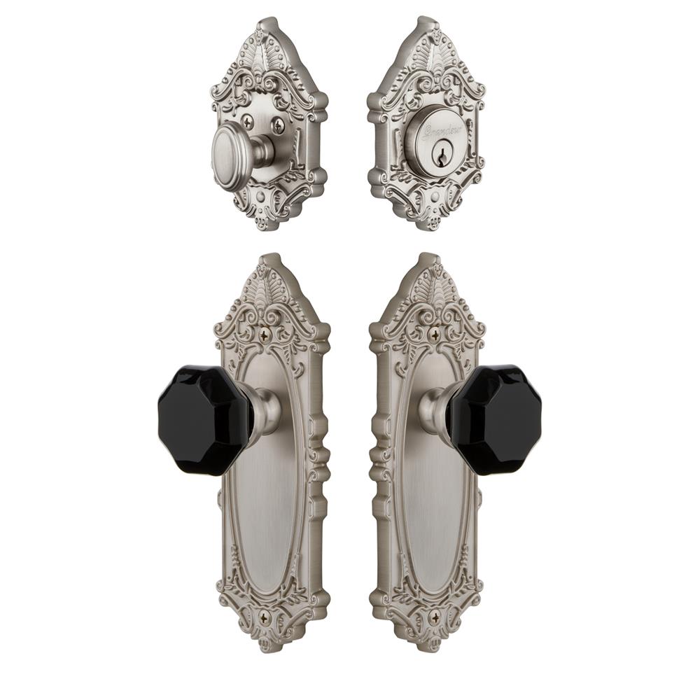 Grandeur by Nostalgic Warehouse GVCLYO Grande Victorian Plate with Lyon Knob and matching Deadbolt in Satin Nickel