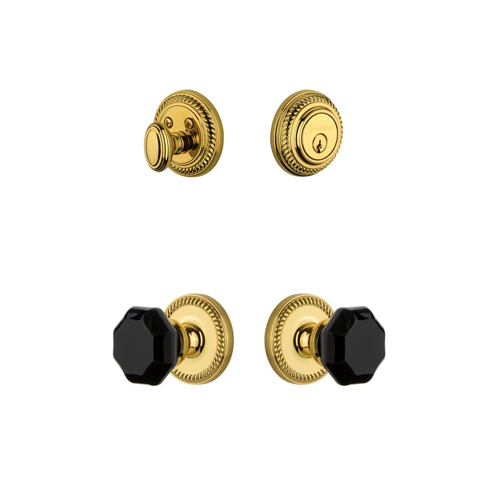 Grandeur by Nostalgic Warehouse NEWLYO Newport Rosette with Lyon Knob and matching Deadbolt in Lifetime Brass