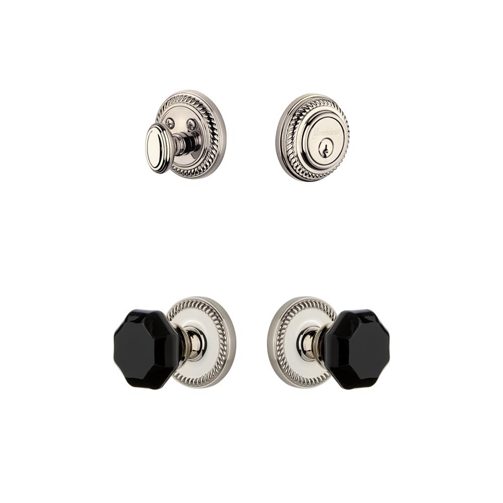 Grandeur by Nostalgic Warehouse NEWLYO Newport Rosette with Lyon Knob and matching Deadbolt in Polished Nickel
