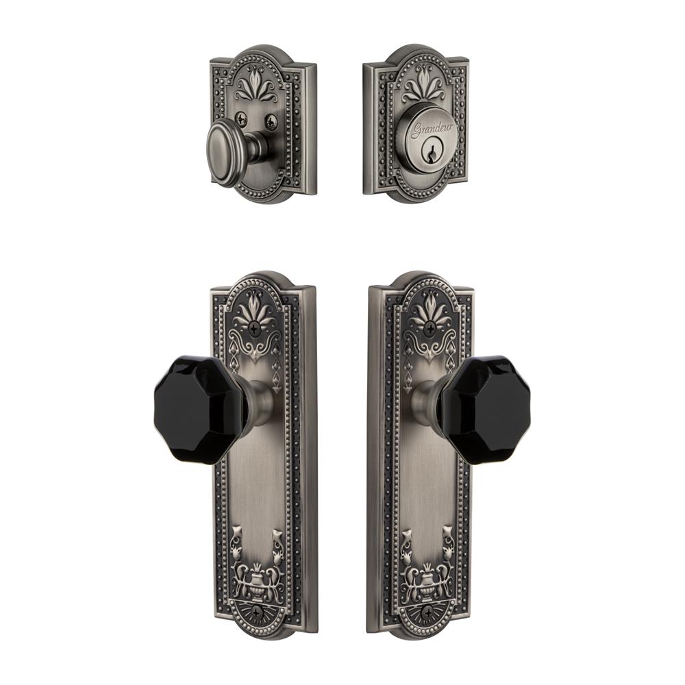 Grandeur by Nostalgic Warehouse PARLYO Parthenon Plate with Lyon Knob and matching Deadbolt in Antique Pewter