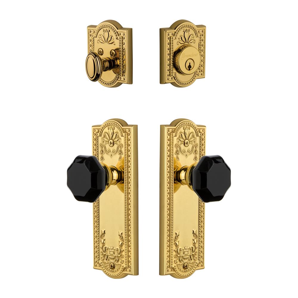 Grandeur by Nostalgic Warehouse PARLYO Parthenon Plate with Lyon Knob and matching Deadbolt in Lifetime Brass