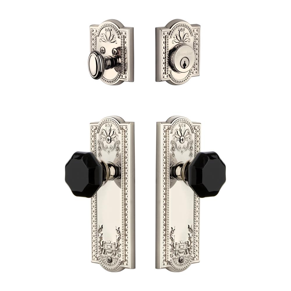Grandeur by Nostalgic Warehouse PARLYO Parthenon Plate with Lyon Knob and matching Deadbolt in Polished Nickel