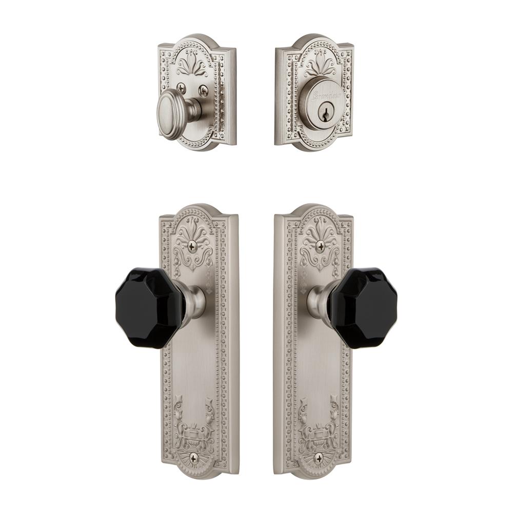 Grandeur by Nostalgic Warehouse PARLYO Parthenon Plate with Lyon Knob and matching Deadbolt in Satin Nickel