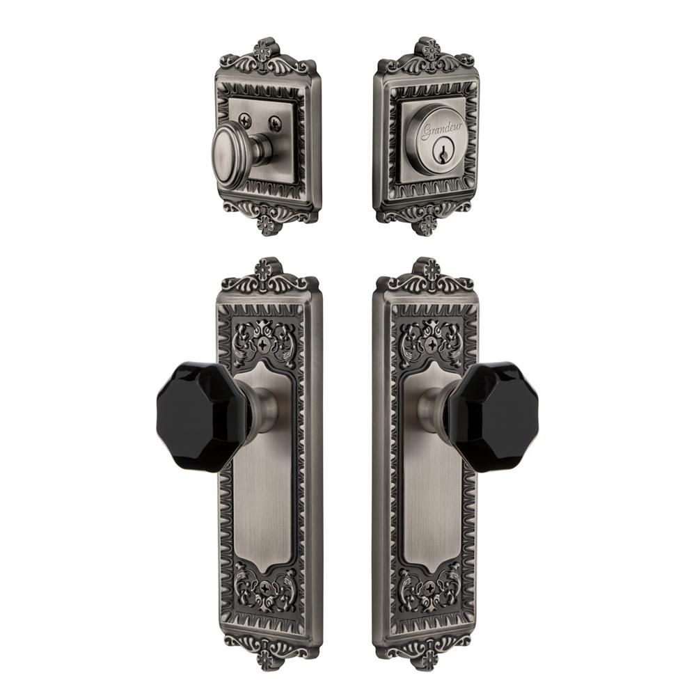 Grandeur by Nostalgic Warehouse WINLYO Windsor Plate with Lyon Knob and matching Deadbolt in Antique Pewter