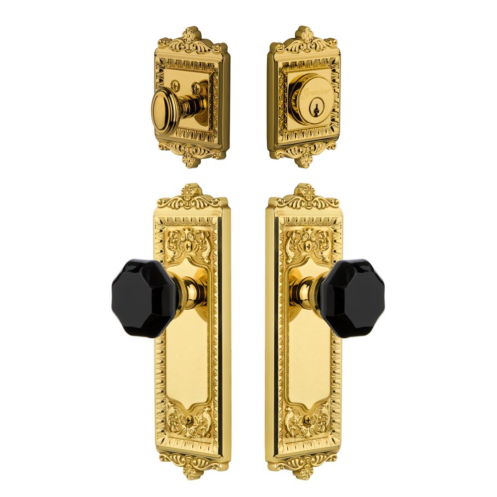 Grandeur by Nostalgic Warehouse WINLYO Windsor Plate with Lyon Knob and matching Deadbolt in Lifetime Brass