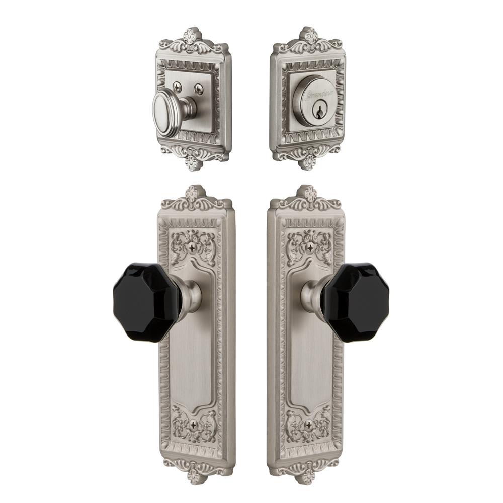 Grandeur by Nostalgic Warehouse WINLYO Windsor Plate with Lyon Knob and matching Deadbolt in Satin Nickel