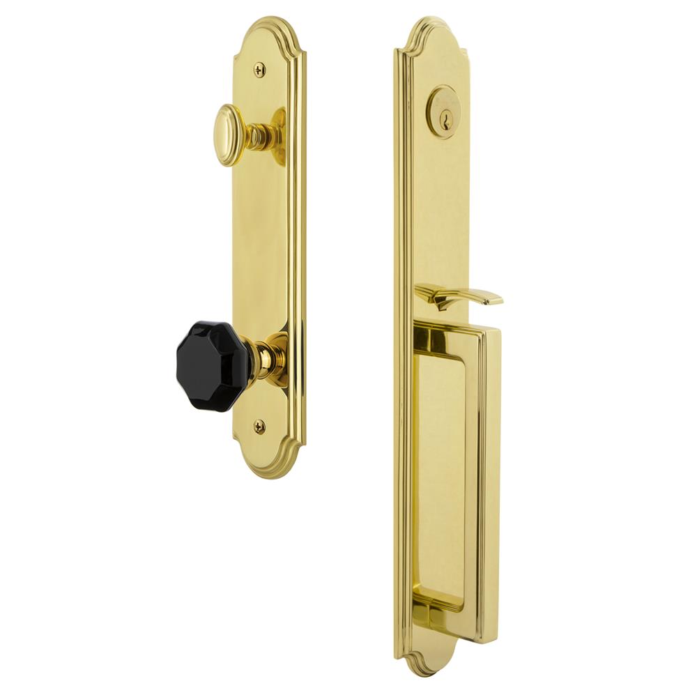 Grandeur by Nostalgic Warehouse ARCDGRLYO Arc One-Piece Handleset with D Grip and Lyon Knob in Lifetime Brass