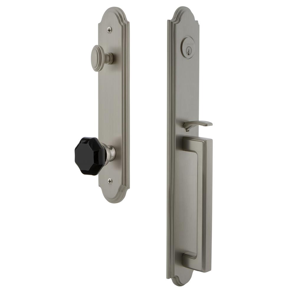 Grandeur by Nostalgic Warehouse ARCDGRLYO Arc One-Piece Handleset with D Grip and Lyon Knob in Satin Nickel