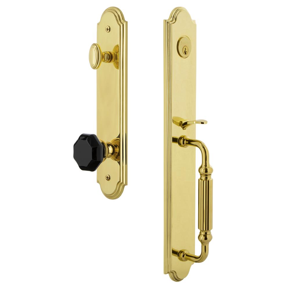 Grandeur by Nostalgic Warehouse ARCFGRLYO Arc One-Piece Handleset with F Grip and Lyon Knob in Lifetime Brass