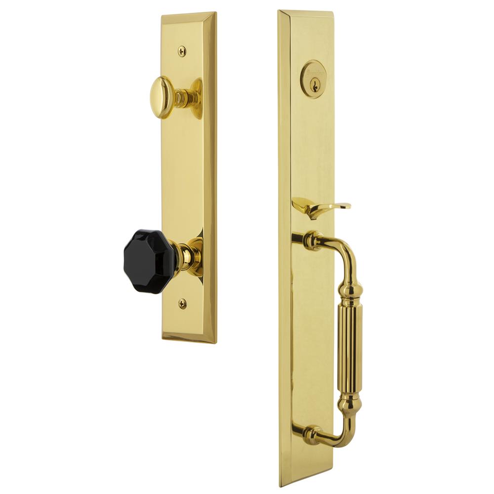 Grandeur by Nostalgic Warehouse FAVFGRLYO Fifth Avenue One-Piece Handleset with F Grip and Lyon Knob in Lifetime Brass